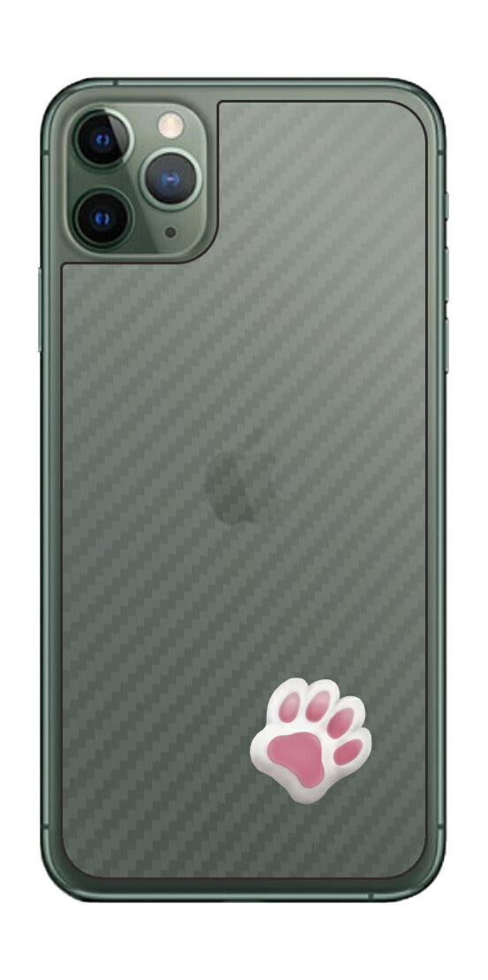 iPhone 11 Pro Max用 カーボン調 肉球 イラスト プリント 背面保護フィルム 日本製 [なんちゃって ぷくぷく ホワイト/ピンク]