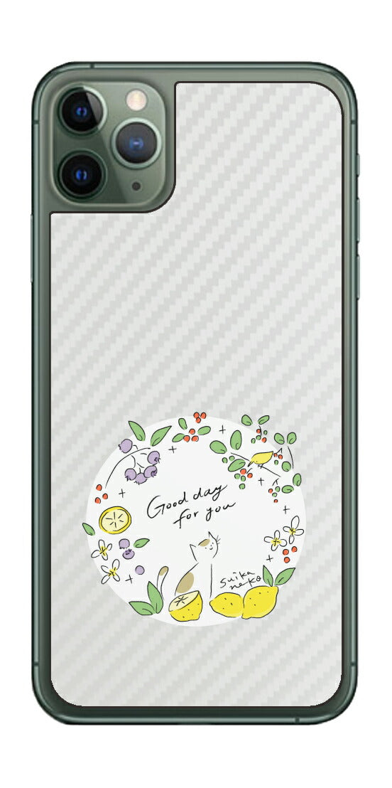 iPhone 11 Pro Max用 【コラボ プリント Design by すいかねこ 002 】 カーボン調 背面 保護 フィルム 日本製