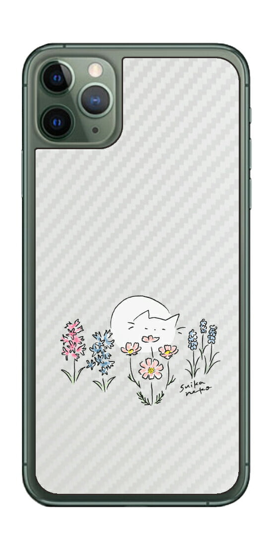 iPhone 11 Pro Max用 【コラボ プリント Design by すいかねこ 003 】 カーボン調 背面 保護 フィルム 日本製