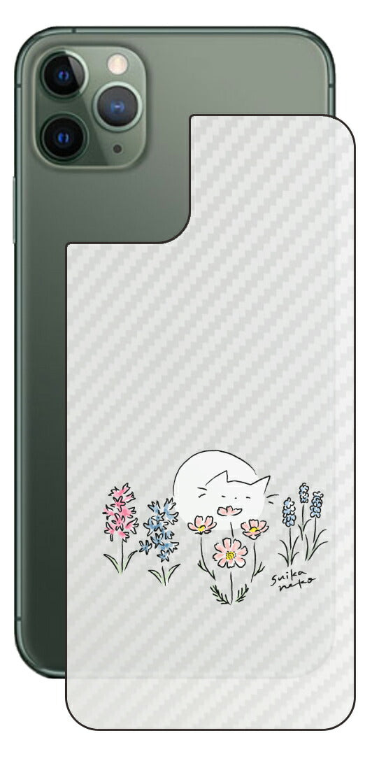 iPhone 11 Pro Max用 【コラボ プリント Design by すいかねこ 003 】 カーボン調 背面 保護 フィルム 日本製