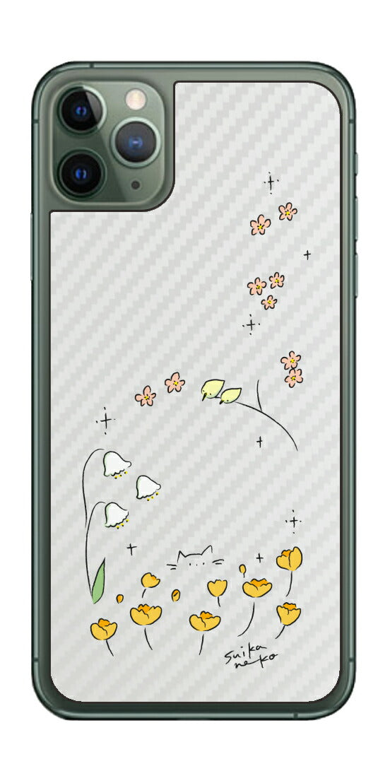 iPhone 11 Pro Max用 【コラボ プリント Design by すいかねこ 009 】 カーボン調 背面 保護 フィルム 日本製