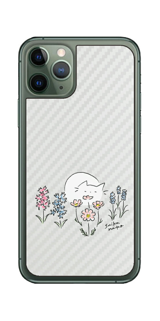 iPhone 11 Pro用 【コラボ プリント Design by すいかねこ 003 】 カーボン調 背面 保護 フィルム 日本製