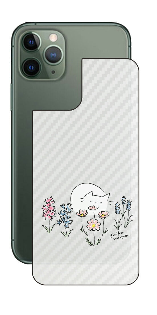 iPhone 11 Pro用 【コラボ プリント Design by すいかねこ 003 】 カーボン調 背面 保護 フィルム 日本製