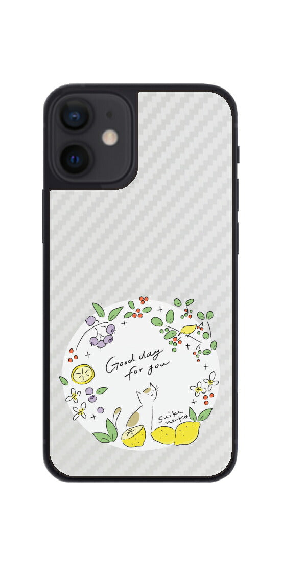 iPhone 12 mini用 【コラボ プリント Design by すいかねこ 002 】 カーボン調 背面 保護 フィルム 日本製