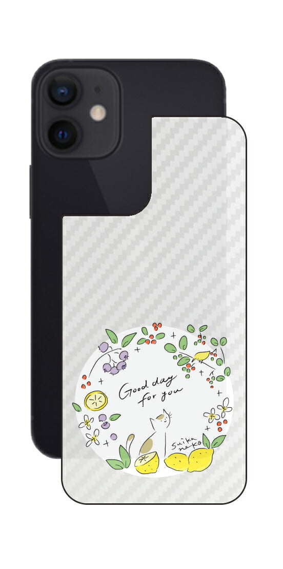 iPhone 12 mini用 【コラボ プリント Design by すいかねこ 002 】 カーボン調 背面 保護 フィルム 日本製