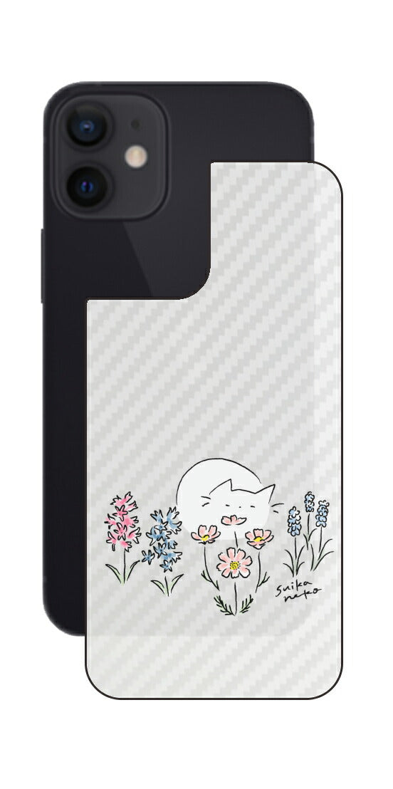 iPhone 12 mini用 【コラボ プリント Design by すいかねこ 003 】 カーボン調 背面 保護 フィルム 日本製