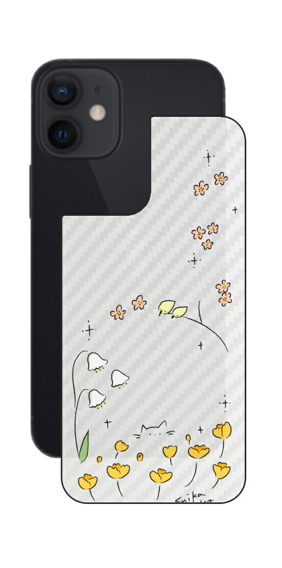 iPhone 12 mini用 【コラボ プリント Design by すいかねこ 009 】 カーボン調 背面 保護 フィルム 日本製