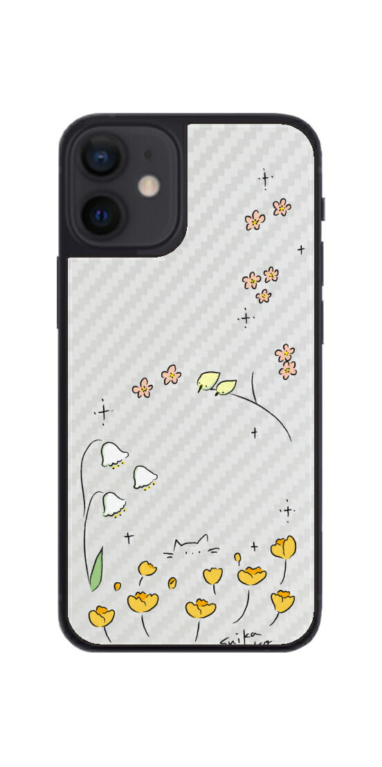iPhone 12 mini用 【コラボ プリント Design by すいかねこ 009 】 カーボン調 背面 保護 フィルム 日本製