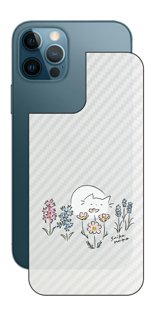 iPhone 12 Pro / iPhone 12用 【コラボ プリント Design by すいかねこ 003 】 カーボン調 背面 保護 フィルム 日本製