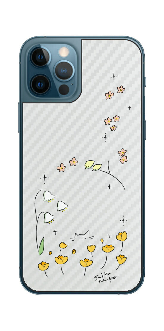 iPhone 12 Pro / iPhone 12用 【コラボ プリント Design by すいかねこ 009 】 カーボン調 背面 保護 フィルム 日本製