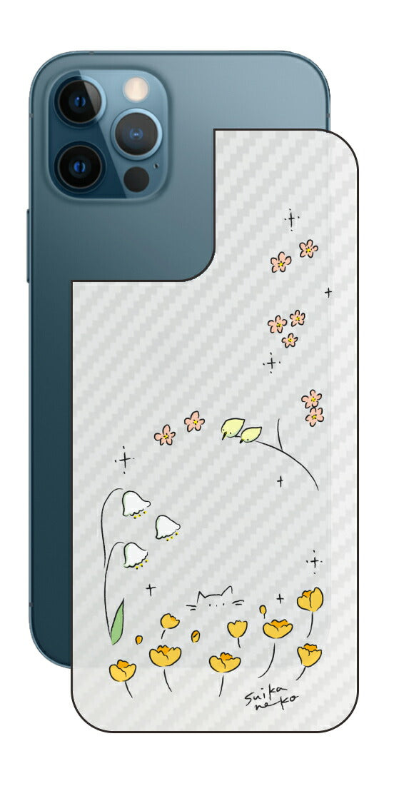 iPhone 12 Pro / iPhone 12用 【コラボ プリント Design by すいかねこ 009 】 カーボン調 背面 保護 フィルム 日本製