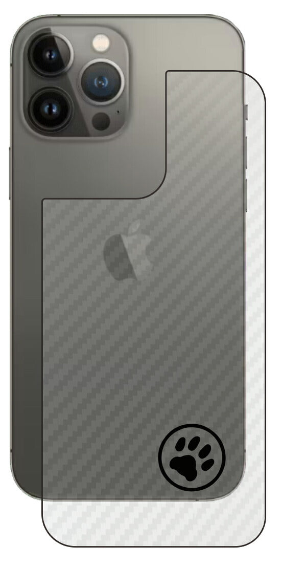 iPhone 13 Pro Max用 カーボン調 肉球 イラスト プリント 背面保護フィルム 日本製 [ワンポイント 丸 ブラック]