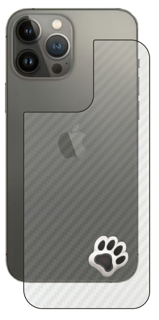 iPhone 13 Pro Max用 カーボン調 肉球 イラスト プリント 背面保護フィルム 日本製 [なんちゃって ぷくぷく ホワイト/ブラック]