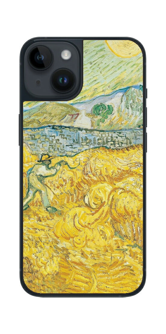 iPhone 14用 背面 保護 フィルム 名画 プリント ゴッホ サンポール病院の後ろの小麦畑と刈り取り機（ フィンセント ファン ゴッホ Vincent Willem van Gogh ）