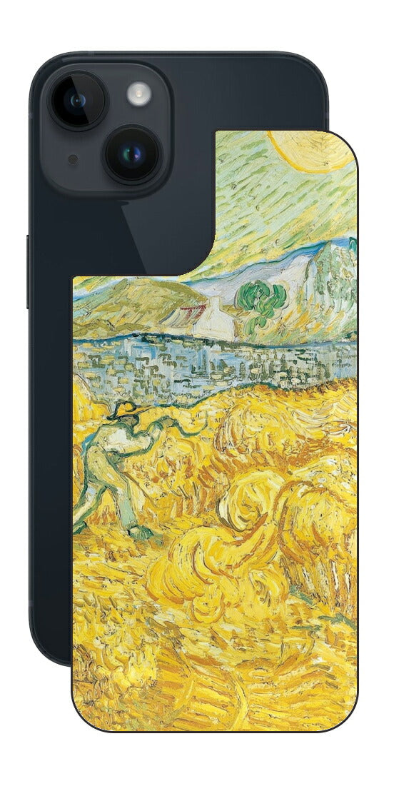 iPhone 14用 背面 保護 フィルム 名画 プリント ゴッホ サンポール病院の後ろの小麦畑と刈り取り機（ フィンセント ファン ゴッホ Vincent Willem van Gogh ）
