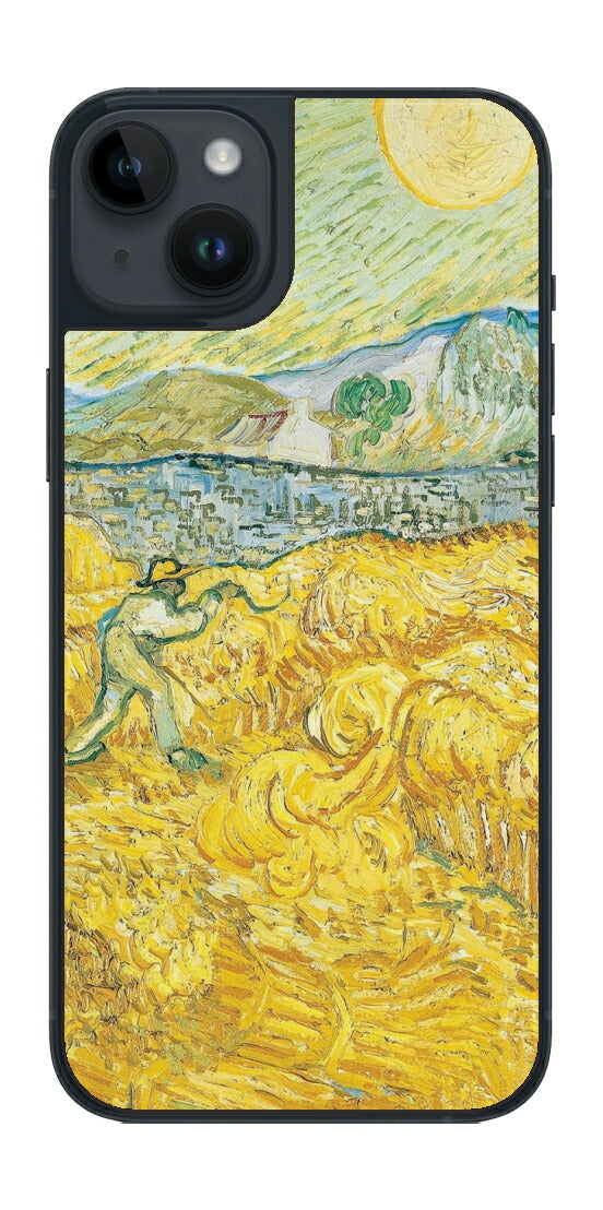 iPhone 14 plus用 背面 保護 フィルム 名画 プリント ゴッホ サンポール病院の後ろの小麦畑と刈り取り機（ フィンセント ファン ゴッホ Vincent Willem van Gogh ）