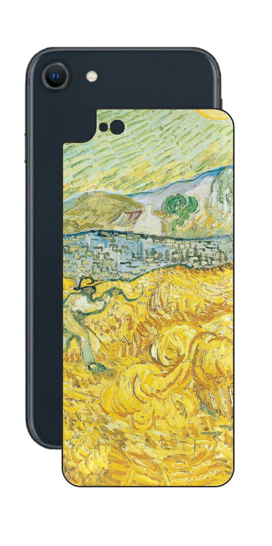 iPhone SE 2022 第3世代用 背面 保護 フィルム 名画 プリント ゴッホ サンポール病院の後ろの小麦畑と刈り取り機（ フィンセント ファン ゴッホ Vincent Willem van Gogh ）