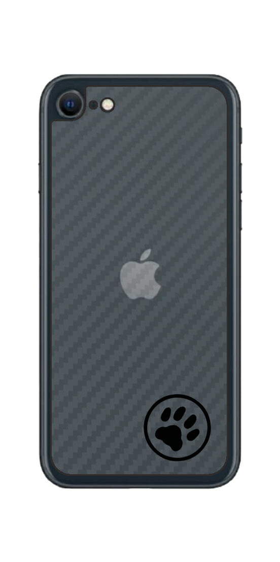 iPhone SE 2022 第3世代用 カーボン調 肉球 イラスト プリント 背面保護フィルム 日本製 [ワンポイント 丸 ブラック]