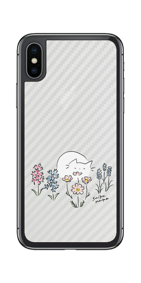 iPhone X用 【コラボ プリント Design by すいかねこ 003 】 カーボン調 背面 保護 フィルム 日本製