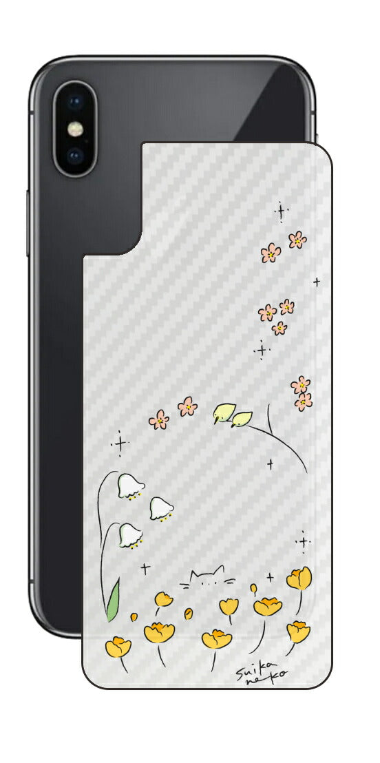 iPhone X用 【コラボ プリント Design by すいかねこ 009 】 カーボン調 背面 保護 フィルム 日本製