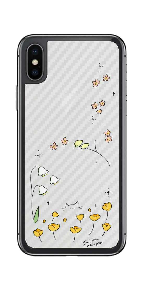 iPhone X用 【コラボ プリント Design by すいかねこ 009 】 カーボン調 背面 保護 フィルム 日本製