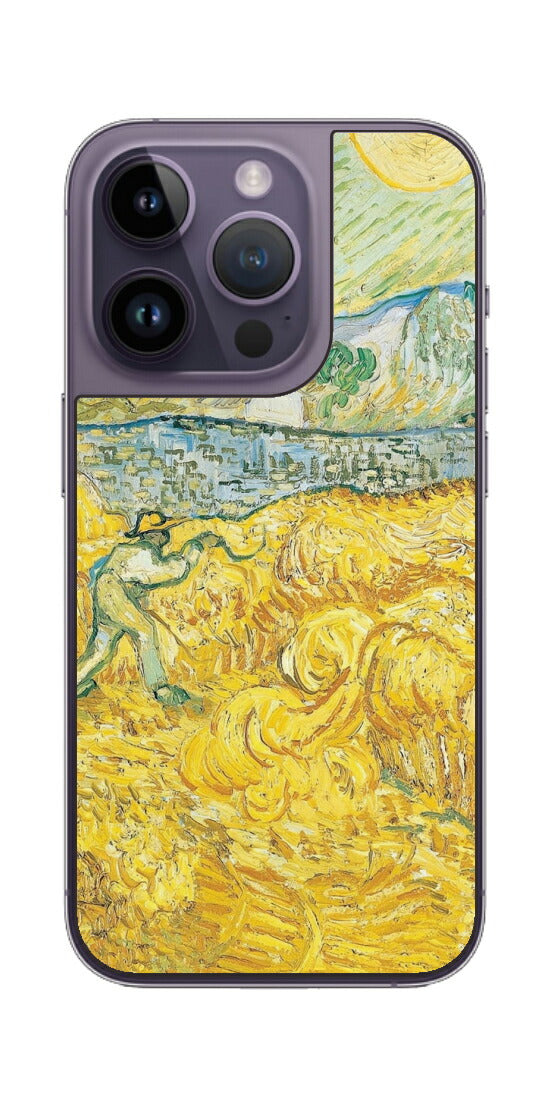 iPhone 14 pro用 背面 保護 フィルム 名画 プリント ゴッホ サンポール病院の後ろの小麦畑と刈り取り機（ フィンセント ファン ゴッホ Vincent Willem van Gogh ）