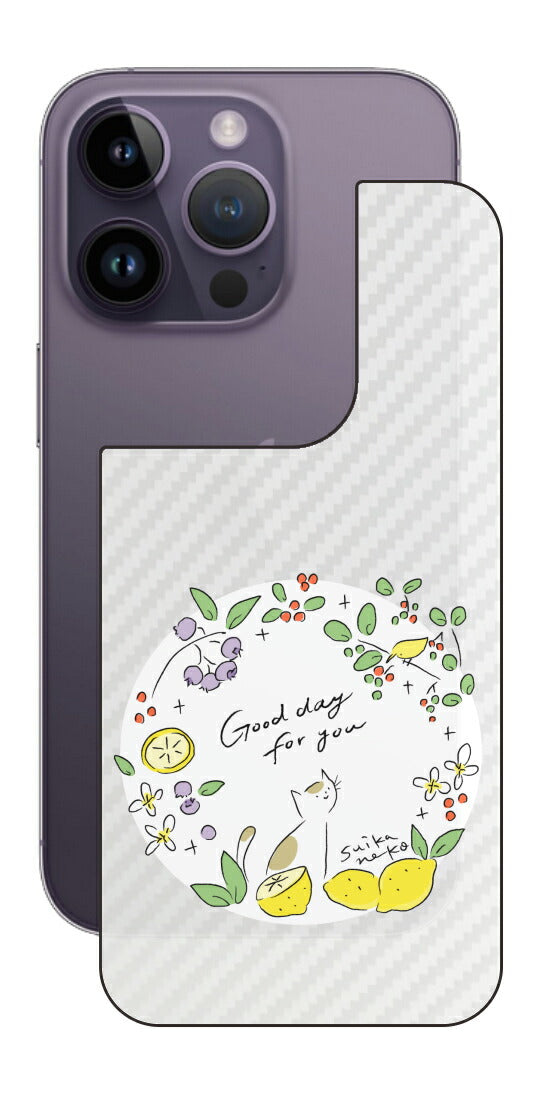 iPhone 14 Pro用 【コラボ プリント Design by すいかねこ 002 】 カーボン調 背面 保護 フィルム 日本製