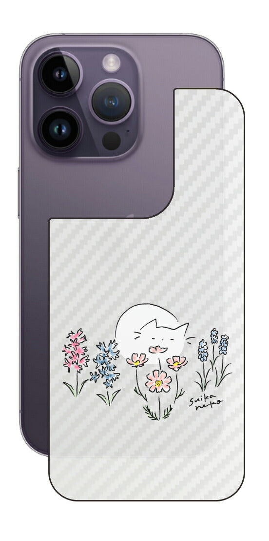 iPhone 14 Pro用 【コラボ プリント Design by すいかねこ 003 】 カーボン調 背面 保護 フィルム 日本製