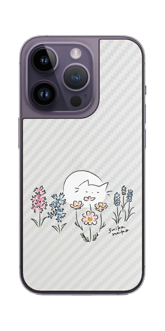 iPhone 14 Pro用 【コラボ プリント Design by すいかねこ 003 】 カーボン調 背面 保護 フィルム 日本製