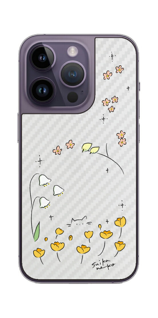 iPhone 14 Pro用 【コラボ プリント Design by すいかねこ 009 】 カーボン調 背面 保護 フィルム 日本製