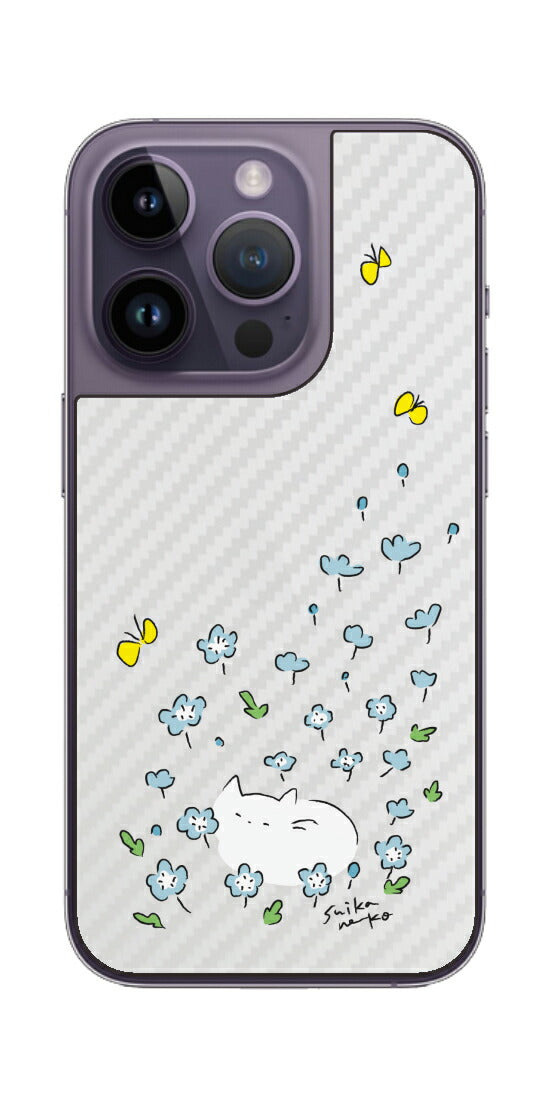 iPhone 14 Pro用 【コラボ プリント Design by すいかねこ 010 】 カーボン調 背面 保護 フィルム 日本製