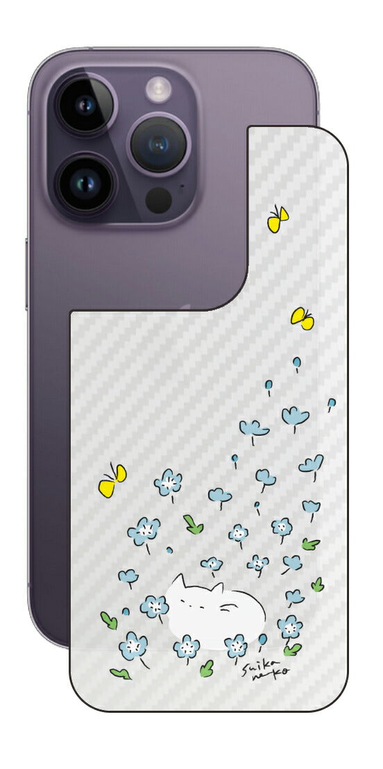iPhone 14 Pro用 【コラボ プリント Design by すいかねこ 010 】 カーボン調 背面 保護 フィルム 日本製