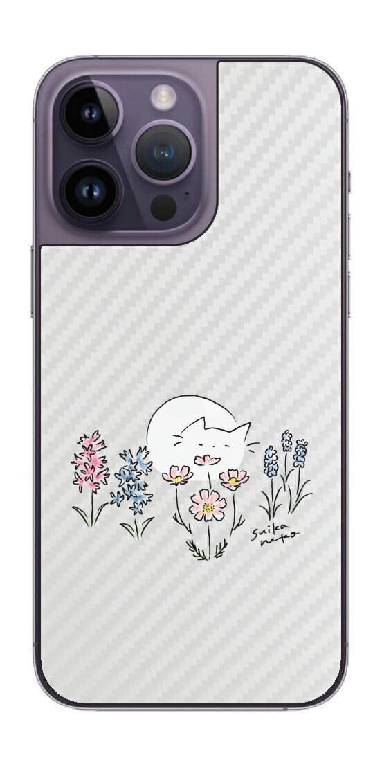 iPhone 14 pro Max用 【コラボ プリント Design by すいかねこ 003 】 カーボン調 背面 保護 フィルム 日本製