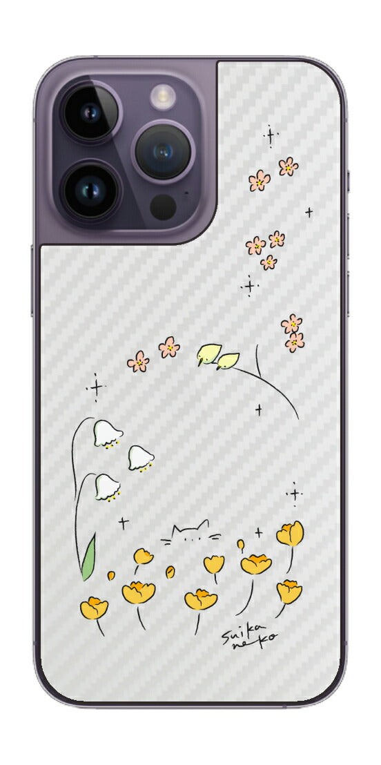 iPhone 14 pro Max用 【コラボ プリント Design by すいかねこ 009 】 カーボン調 背面 保護 フィルム 日本製