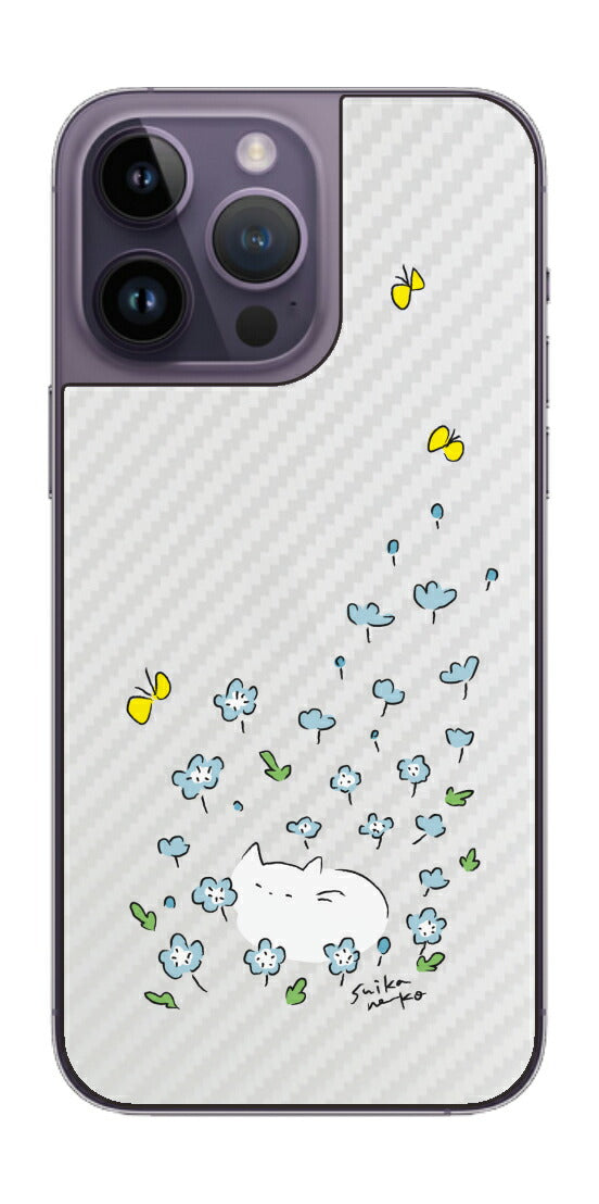 iPhone 14 pro Max用 【コラボ プリント Design by すいかねこ 010 】 カーボン調 背面 保護 フィルム 日本製