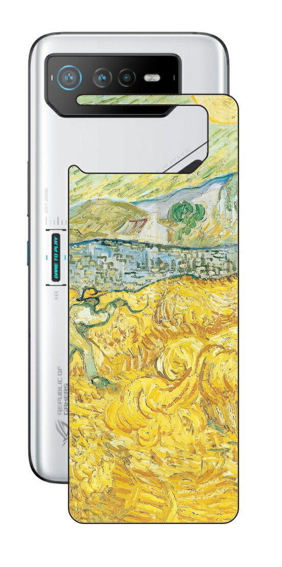 ASUS ROG Phone 6 / ROG Phone 6 Pro用 背面 保護 フィルム 名画 プリント ゴッホ サンポール病院の後ろの小麦畑と刈り取り機（ フィンセント ファン ゴッホ Vincent Willem van Gogh ）