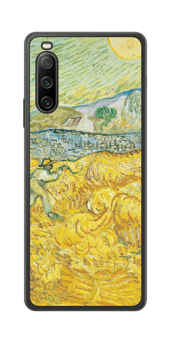 Sony Xperia 10 IV用 背面 保護 フィルム 名画 プリント ゴッホ サンポール病院の後ろの小麦畑と刈り取り機（ フィンセント ファン ゴッホ Vincent Willem van Gogh ）
