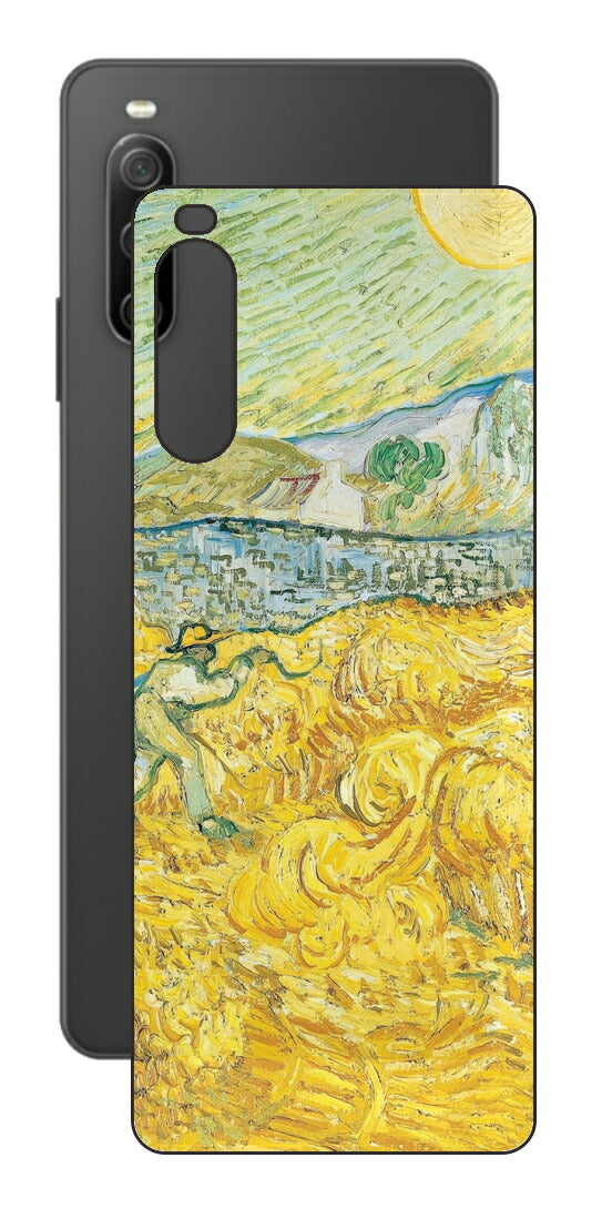 Sony Xperia 10 IV用 背面 保護 フィルム 名画 プリント ゴッホ サンポール病院の後ろの小麦畑と刈り取り機（ フィンセント ファン ゴッホ Vincent Willem van Gogh ）