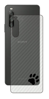 Sony Xperia 10 IV用 カーボン調 肉球 イラスト プリント 背面保護フィルム 日本製 [ワンポイント ブラック]