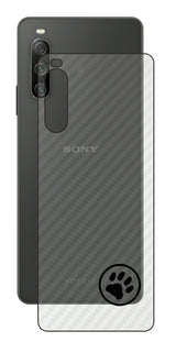 Sony Xperia 10 IV用 カーボン調 肉球 イラスト プリント 背面保護フィルム 日本製 [ワンポイント 丸 ブラック]