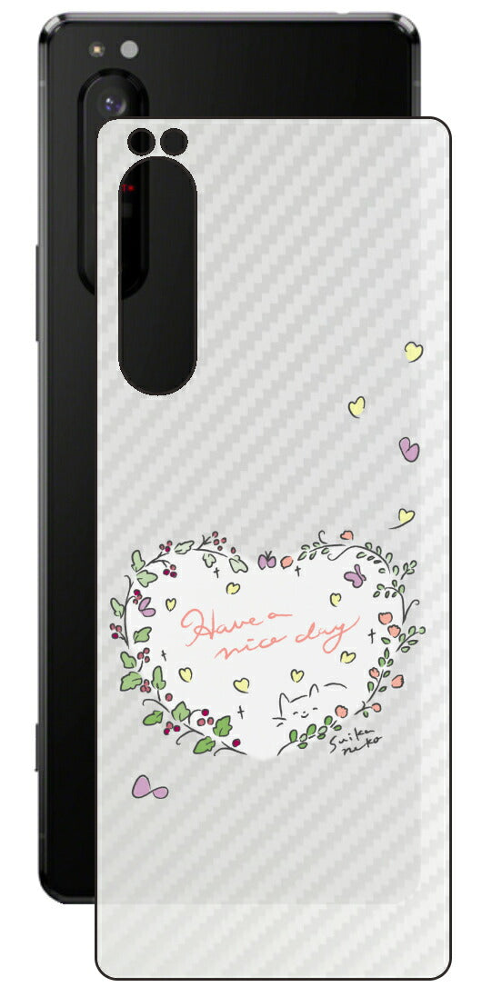 Sony Xperia 1 II用 【コラボ プリント Design by すいかねこ 007 】 カーボン調 背面 保護 フィルム 日本製
