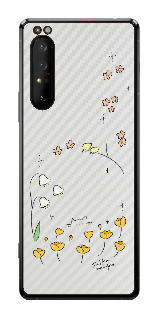 Sony Xperia 1 II用 【コラボ プリント Design by すいかねこ 009 】 カーボン調 背面 保護 フィルム 日本製