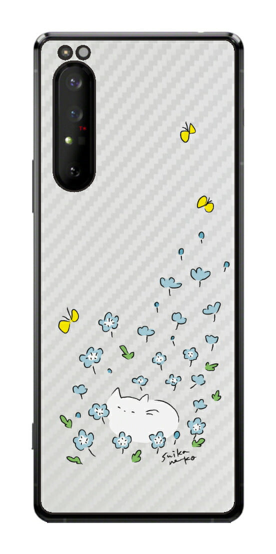 Sony Xperia 1 II用 【コラボ プリント Design by すいかねこ 010 】 カーボン調 背面 保護 フィルム 日本製