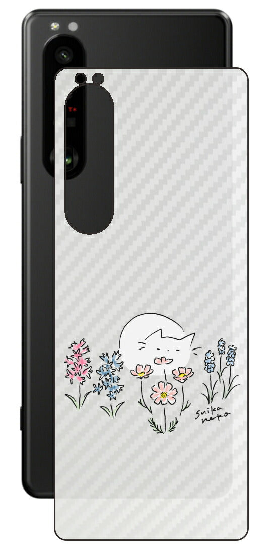Sony Xperia 1 III用 【コラボ プリント Design by すいかねこ 003 】 カーボン調 背面 保護 フィルム 日本製