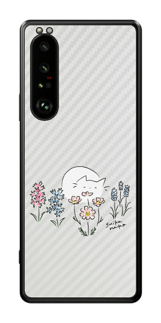 Sony Xperia 1 III用 【コラボ プリント Design by すいかねこ 003 】 カーボン調 背面 保護 フィルム 日本製