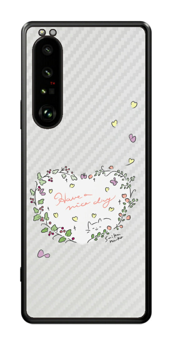 Sony Xperia 1 III用 【コラボ プリント Design by すいかねこ 007 】 カーボン調 背面 保護 フィルム 日本製