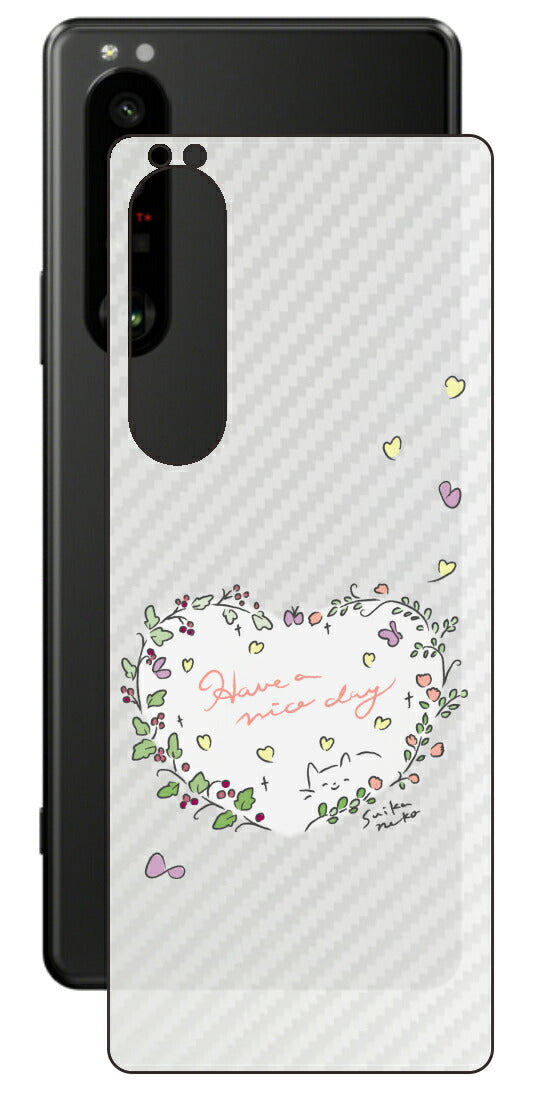 Sony Xperia 1 III用 【コラボ プリント Design by すいかねこ 007 】 カーボン調 背面 保護 フィルム 日本製