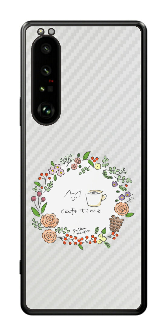 Sony Xperia 1 III用 【コラボ プリント Design by すいかねこ 008 】 カーボン調 背面 保護 フィルム 日本製
