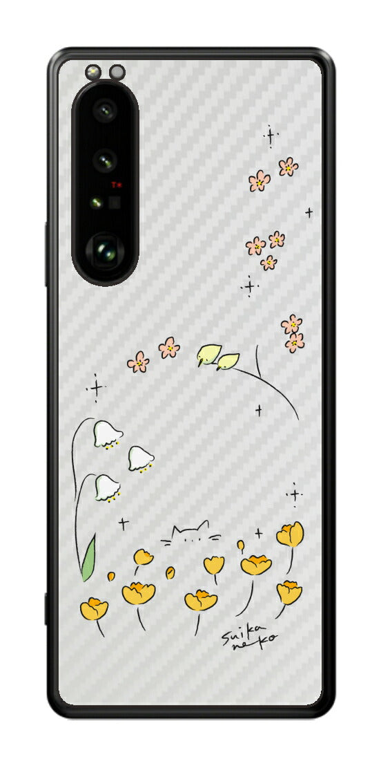 Sony Xperia 1 III用 【コラボ プリント Design by すいかねこ 009 】 カーボン調 背面 保護 フィルム 日本製