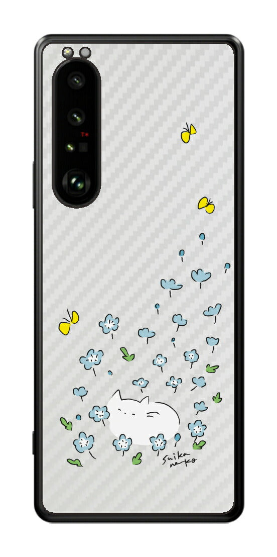 Sony Xperia 1 III用 【コラボ プリント Design by すいかねこ 010 】 カーボン調 背面 保護 フィルム 日本製